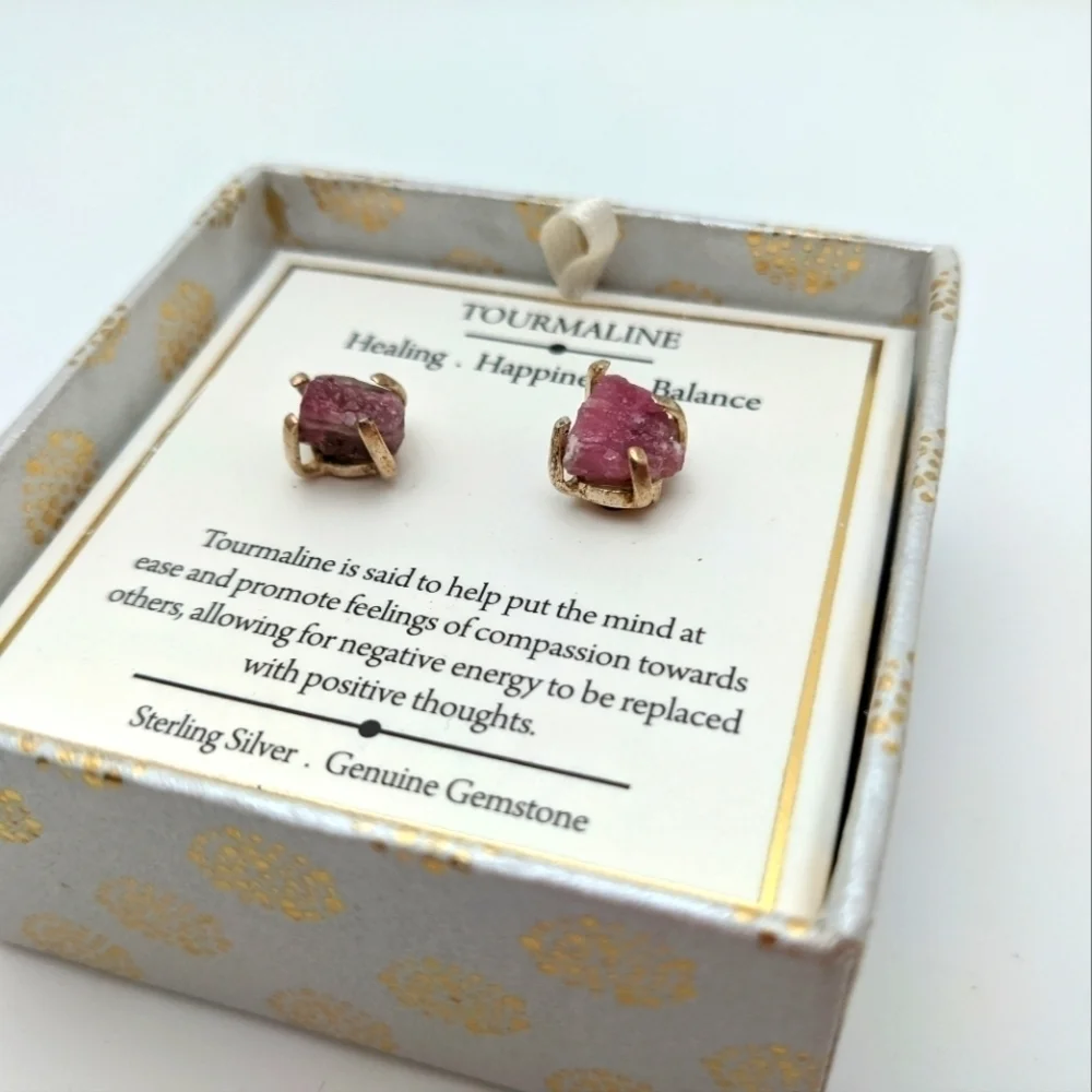 Raw Pink Tourmaline 925 Silver Stud Earrings NIB